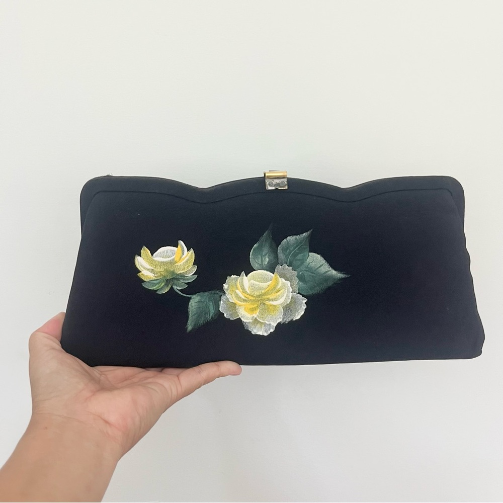 Vintage Black Clutch w Handpainted Flowers Scalloped Edges No Strap Midmod Style